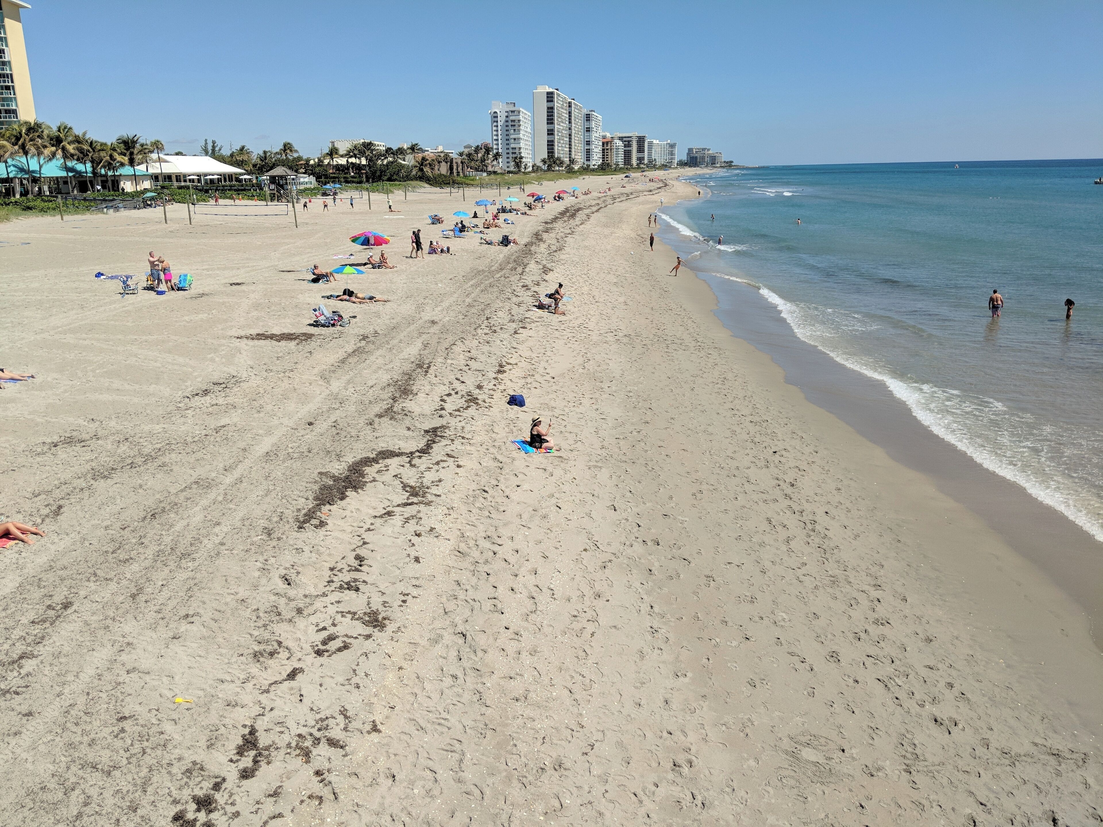 Ampia spiaggia sabbiosa con persone che prendono il sole e nuotano, circondata da palme e edifici.