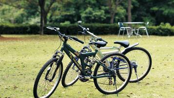 Twee fietsen staan geparkeerd in een grasveld, met bomen op de achtergrond.