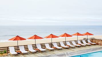 Seasonal outdoor pool, pool umbrellas, pool loungers