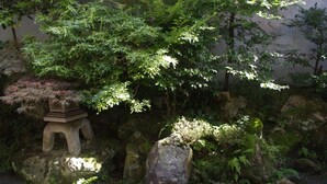 Un jardín con un banco de piedra, rocas y diversas plantas.