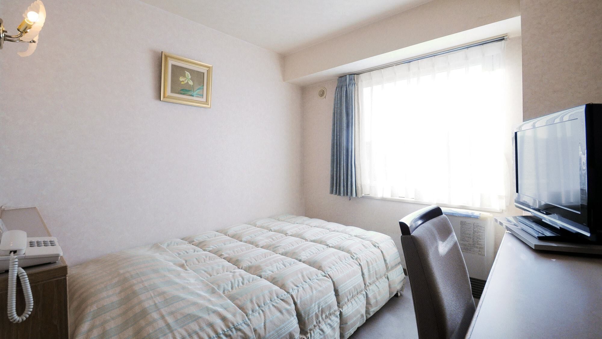 A small, single-bed room with a bed, a desk with a television, a telephone, and a framed picture on the wall.