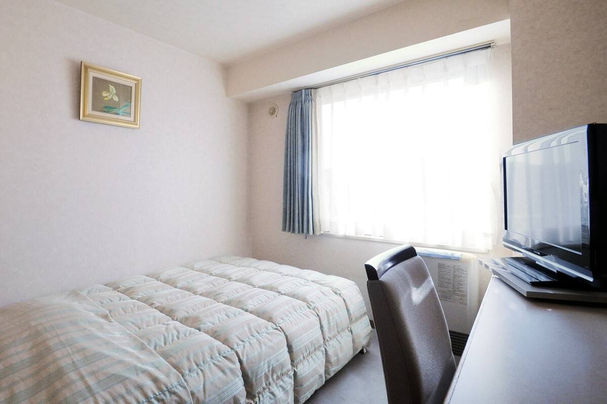 A small, single-bed room with a bed, a desk with a television, a telephone, and a framed picture on the wall.
