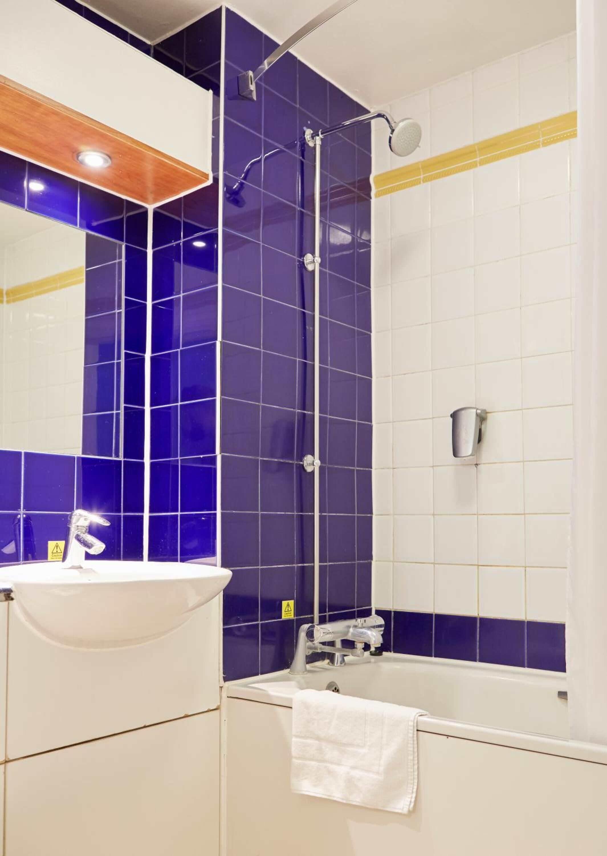 combined shower/bathtub, free toiletries, hair dryer, towels