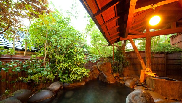 A traditional Japanese garden with a koi pond, wooden bridge, and surrounding greenery.