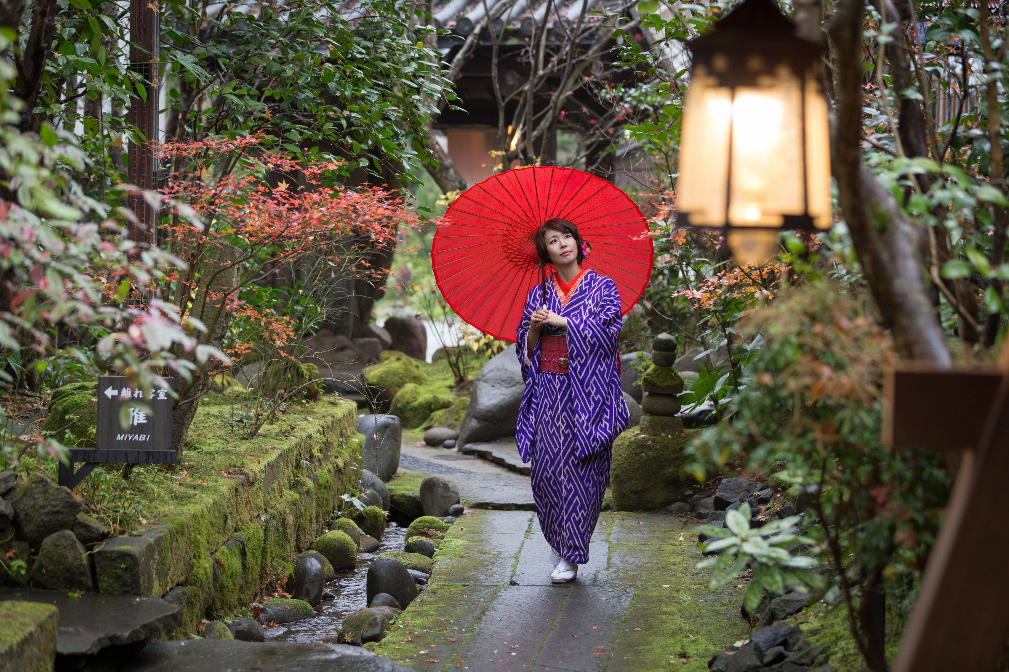 Un jardin japonais traditionnel avec un sentier de pierres, des rochers recouverts de mousse et une lanterne.