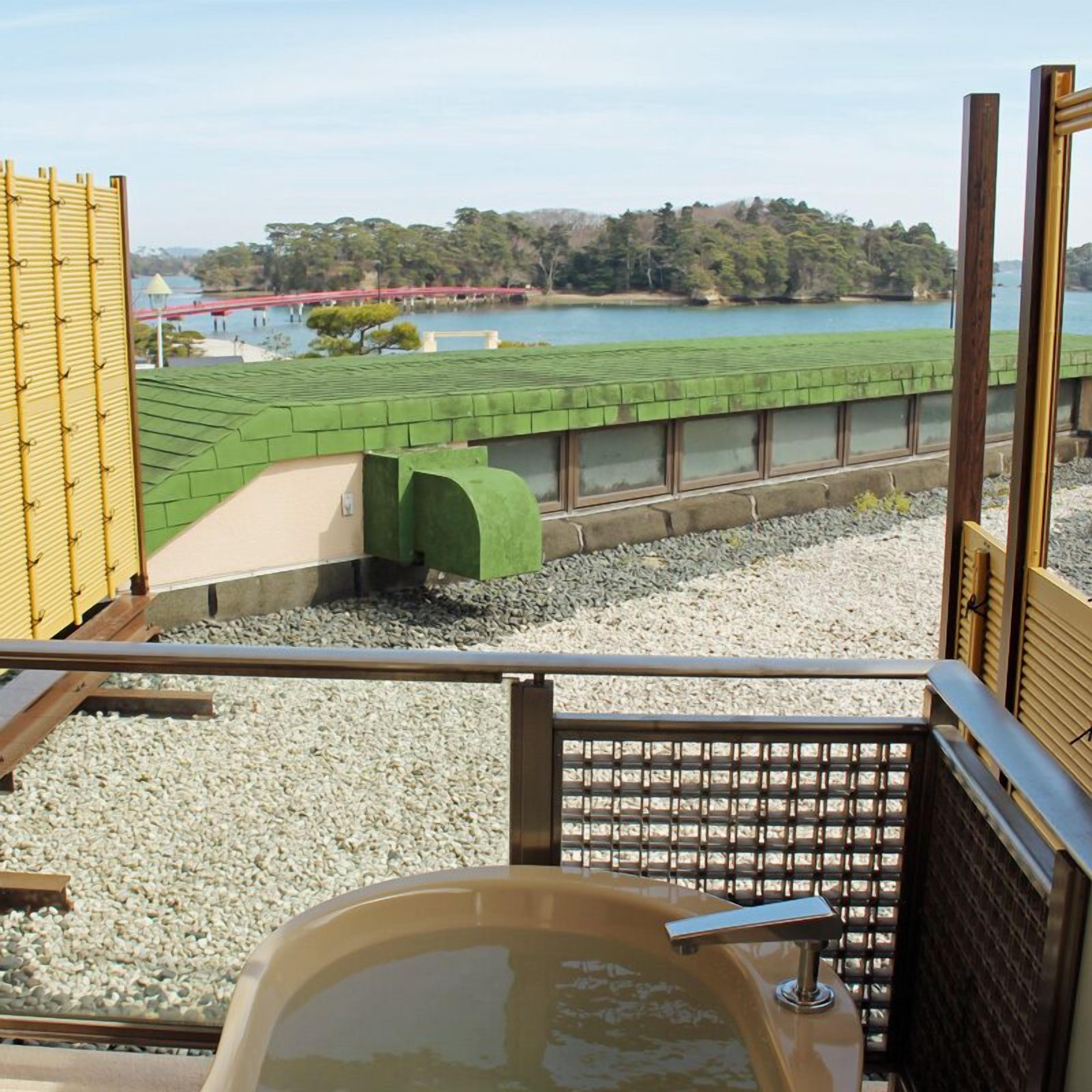 A view from a room with a bathtub, a window with a view of a bridge and water, and a green roof.