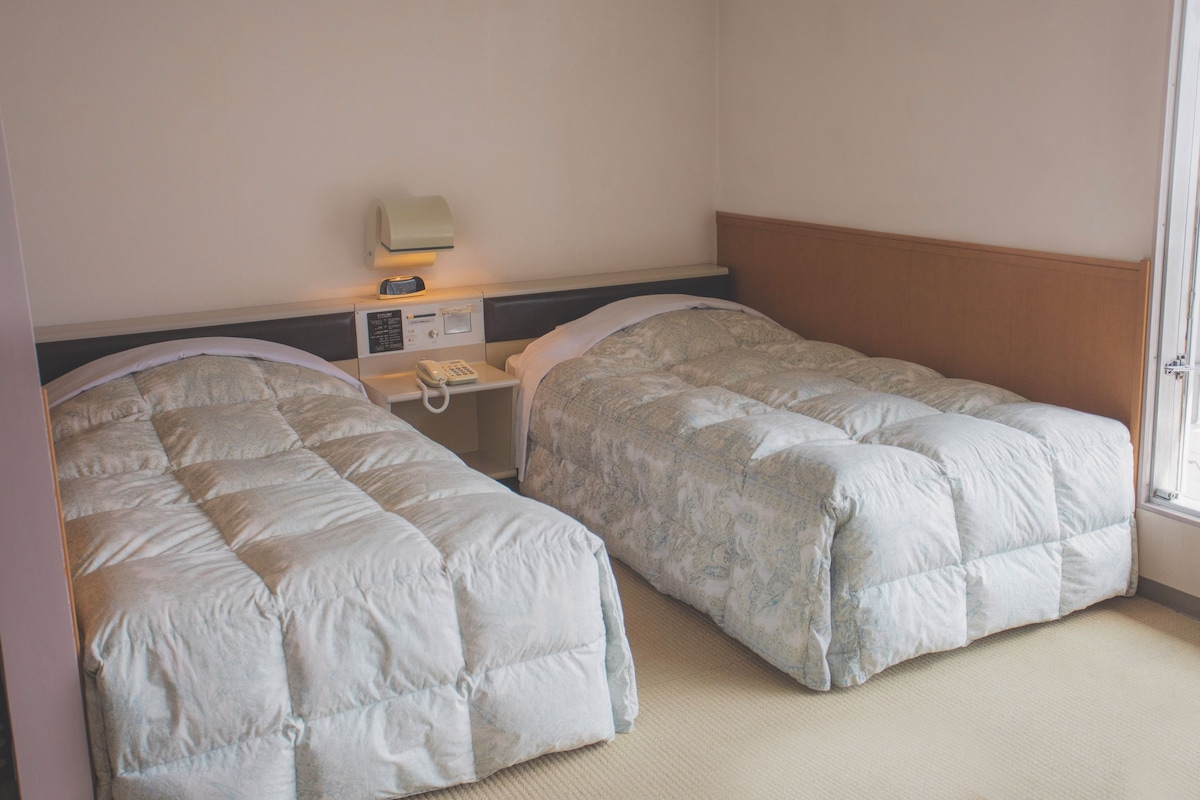 A hotel room with two single beds, a bedside table with a phone, and a lamp.