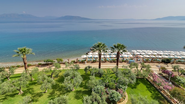 A coastal hotel with a view of the sea, palm trees, and a garden area with umbrellas. - Calamos Beach Hotel by Anayia All Inclusive Resorts (Oropos)