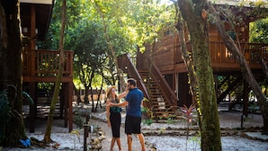 A wooden structure with a deck and stairs, surrounded by trees and a gravel path.