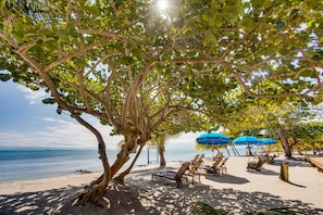 On the beach, white sand, sun loungers, beach umbrellas - Mariposa Belize Beach Resort (Placencia)