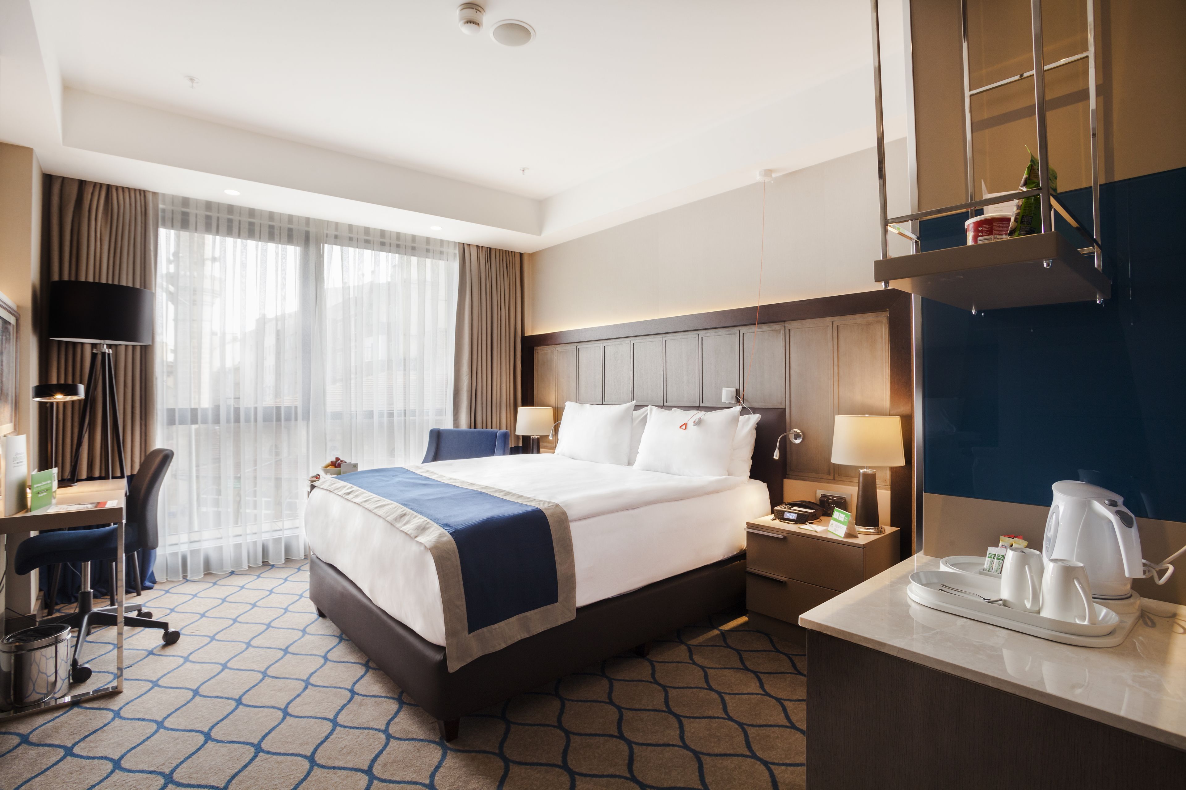 Habitación de hotel con una cama grande, un escritorio con silla, una lámpara de escritorio, una mesita de noche con lámpara, una cafetera y una estantería con una planta.
