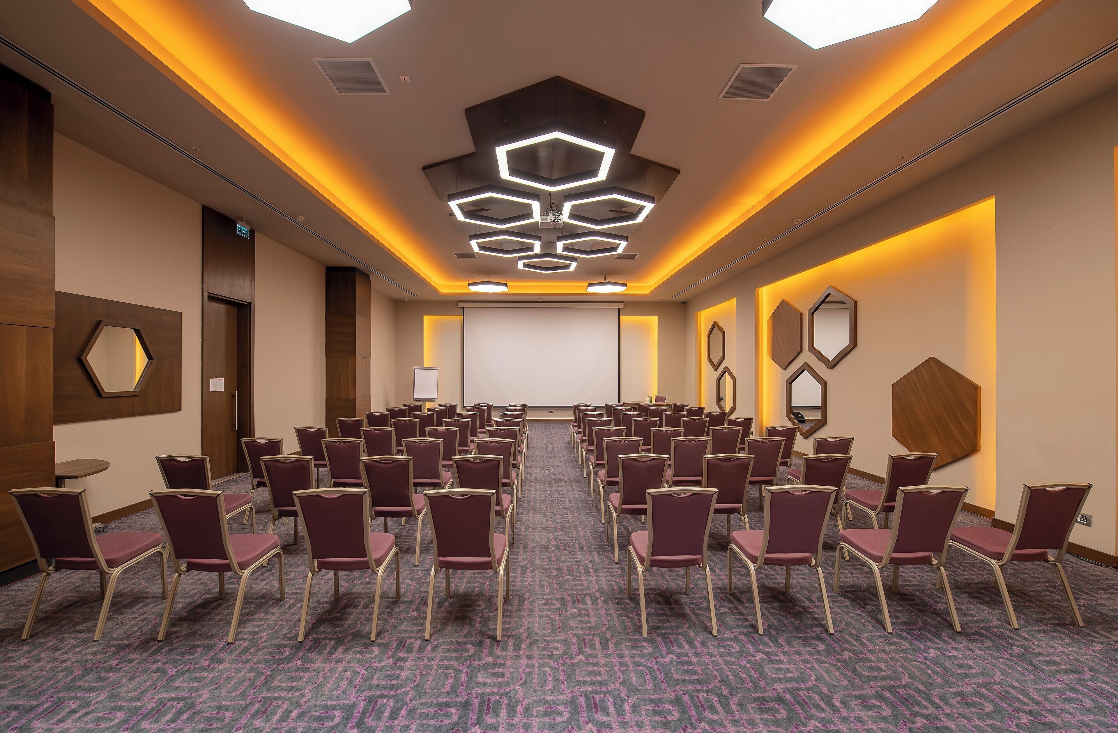 Una sala conferenze con file di sedie, uno schermo per proiettore e luci a soffitto esagonali.
