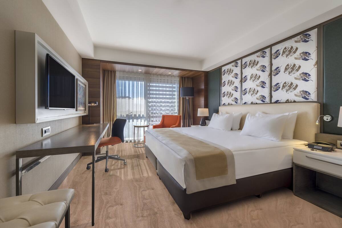 A hotel room with a large bed, a desk, a chair, a TV, and a view of the city through the window.