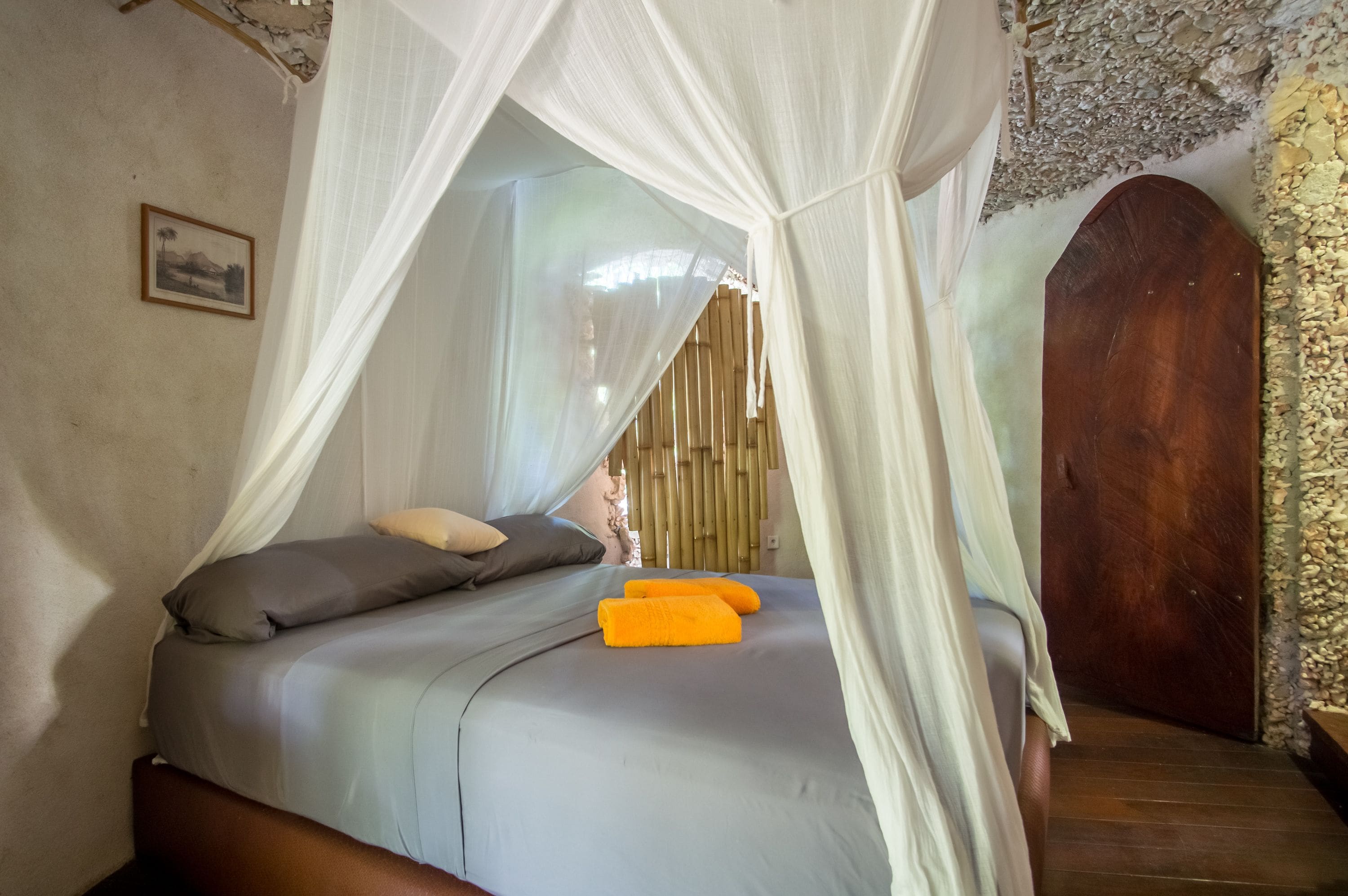 A bed with a canopy, a wooden door, and a stone wall.