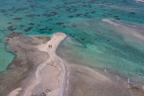 An aerial view of a beach with clear turquoise waters and a sandy path leading to a small island.