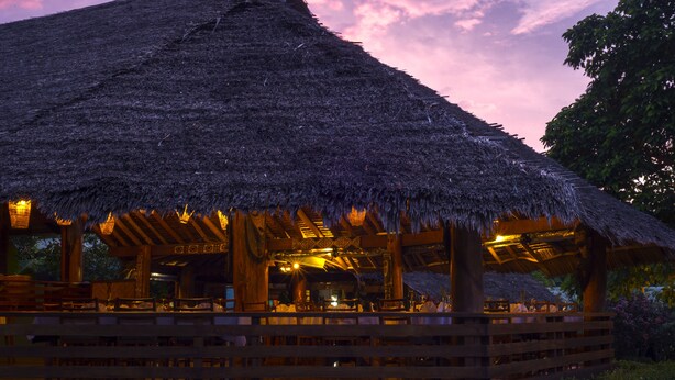A thatched-roof structure with wooden beams and a covered seating area.