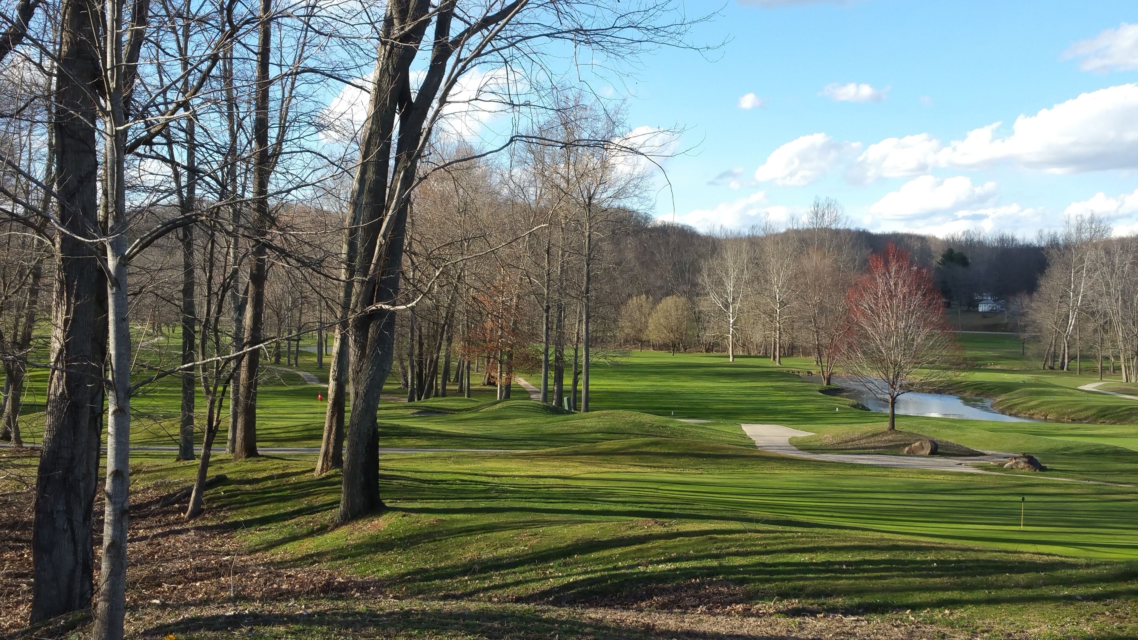 Un campo de golf con un estanque, árboles y cielo despejado.