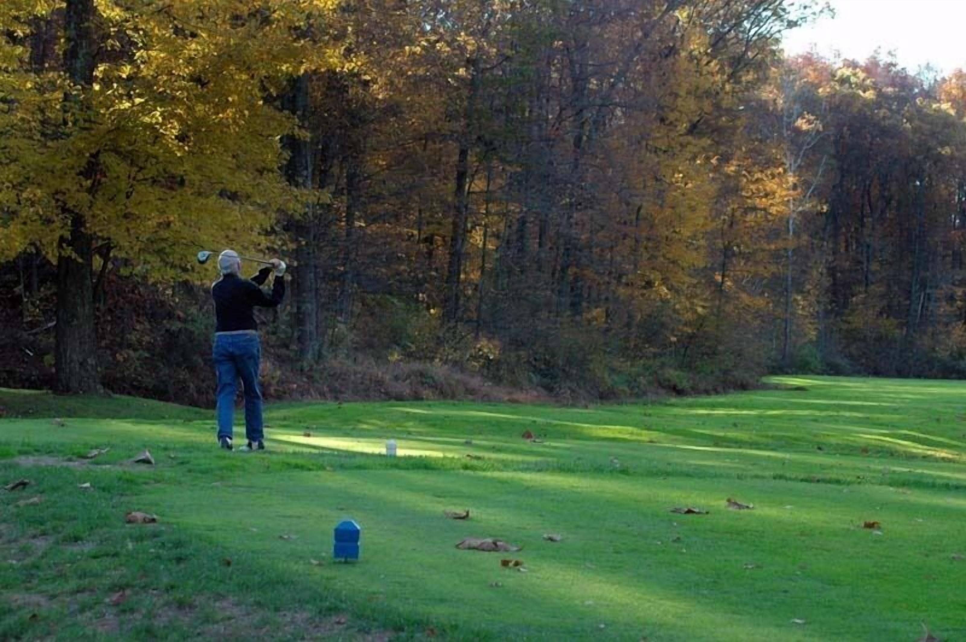 A person playing golf on a course surrounded by trees with autumn foliage.
