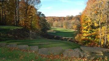 A golf course with a stone wall in the foreground, surrounded by trees with autumn foliage.