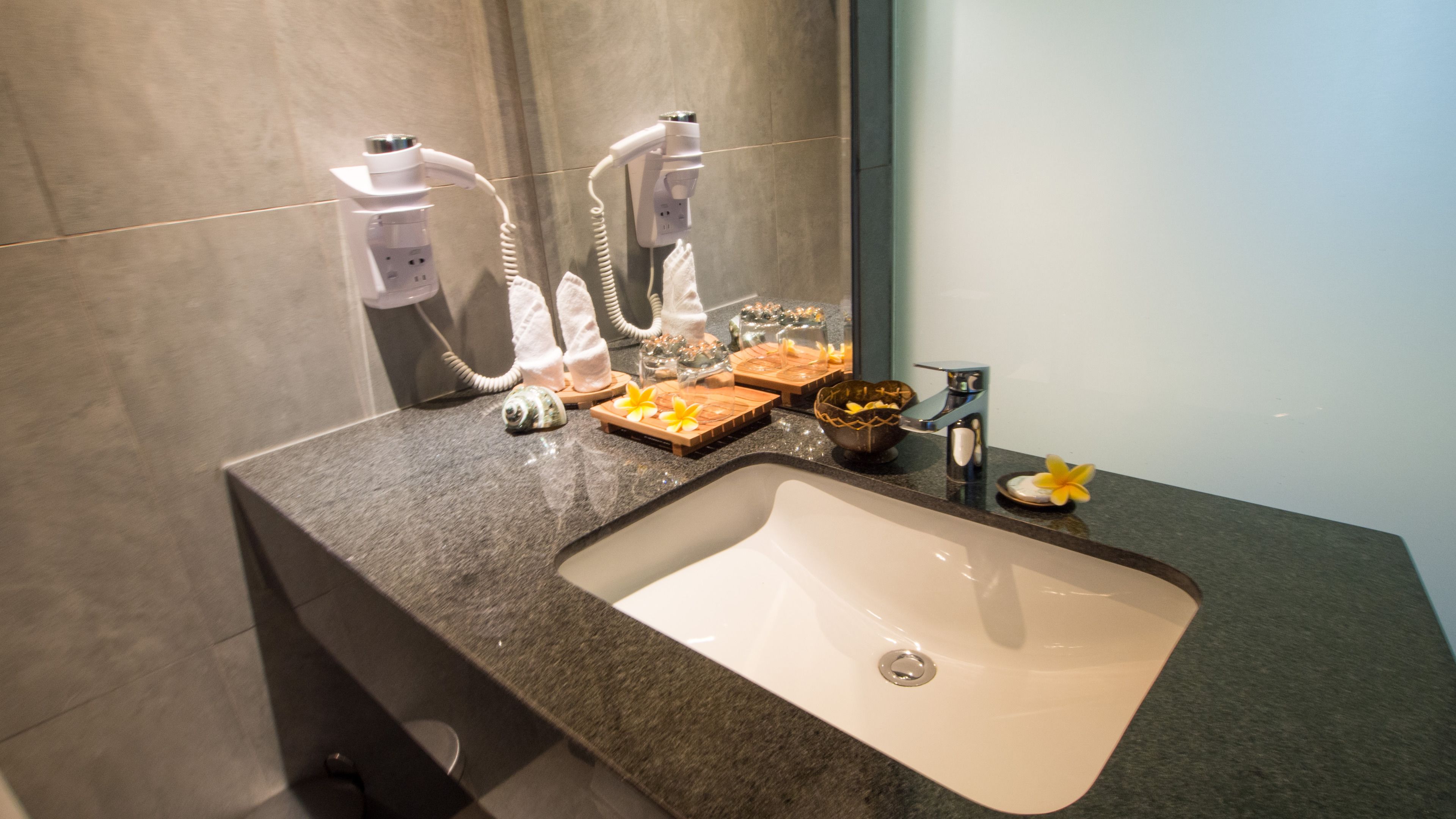 free toiletries, hair dryer, slippers, towels