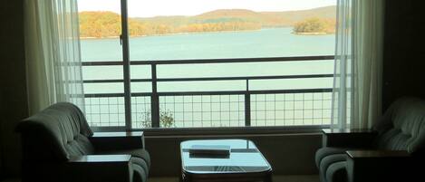 A room with a large window overlooking a lake, two sofas, a small table, and a hanging light fixture.