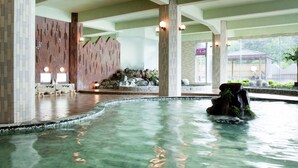 Amplia zona de piscina interior con agua cristalina, paredes de madera y un área de descanso con vistas al exterior.