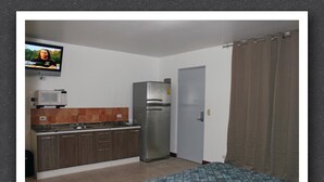 Un apartamento estudio pequeño con kitchenette, cama, televisor y cortina.