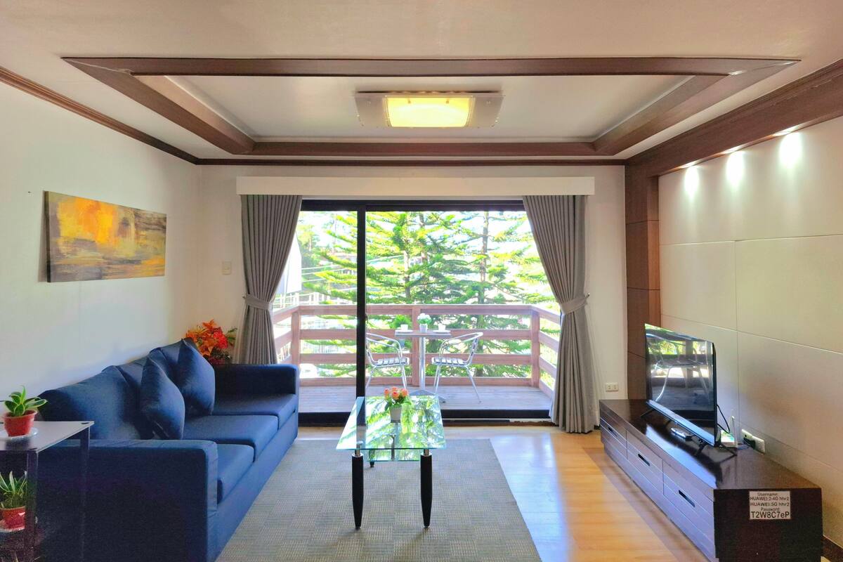 A living room with a sofa, a glass coffee table, a TV, and a balcony with a view of trees.