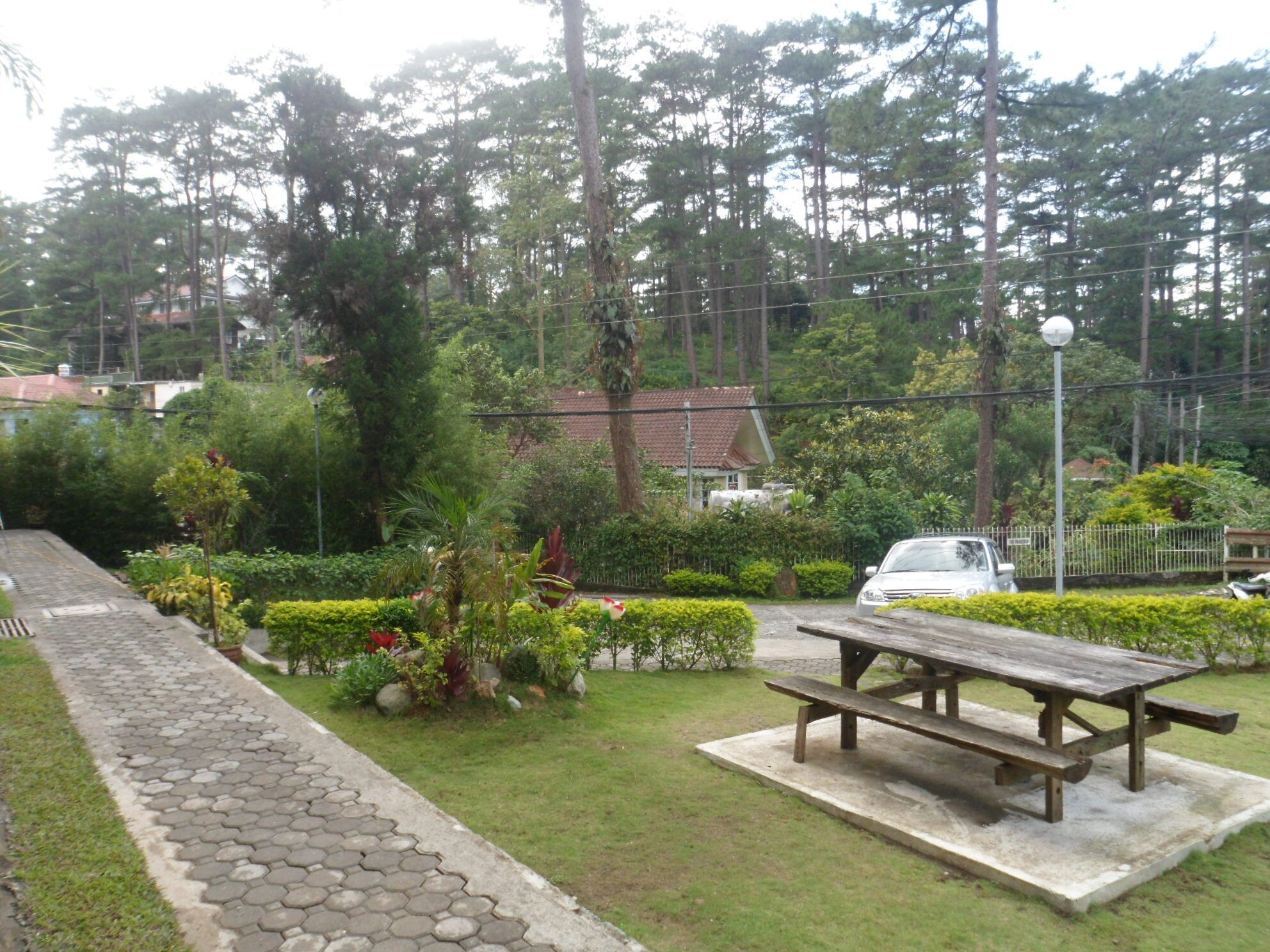 A picnic table in a park with a paved walkway, surrounded by greenery and a residential area in the background.