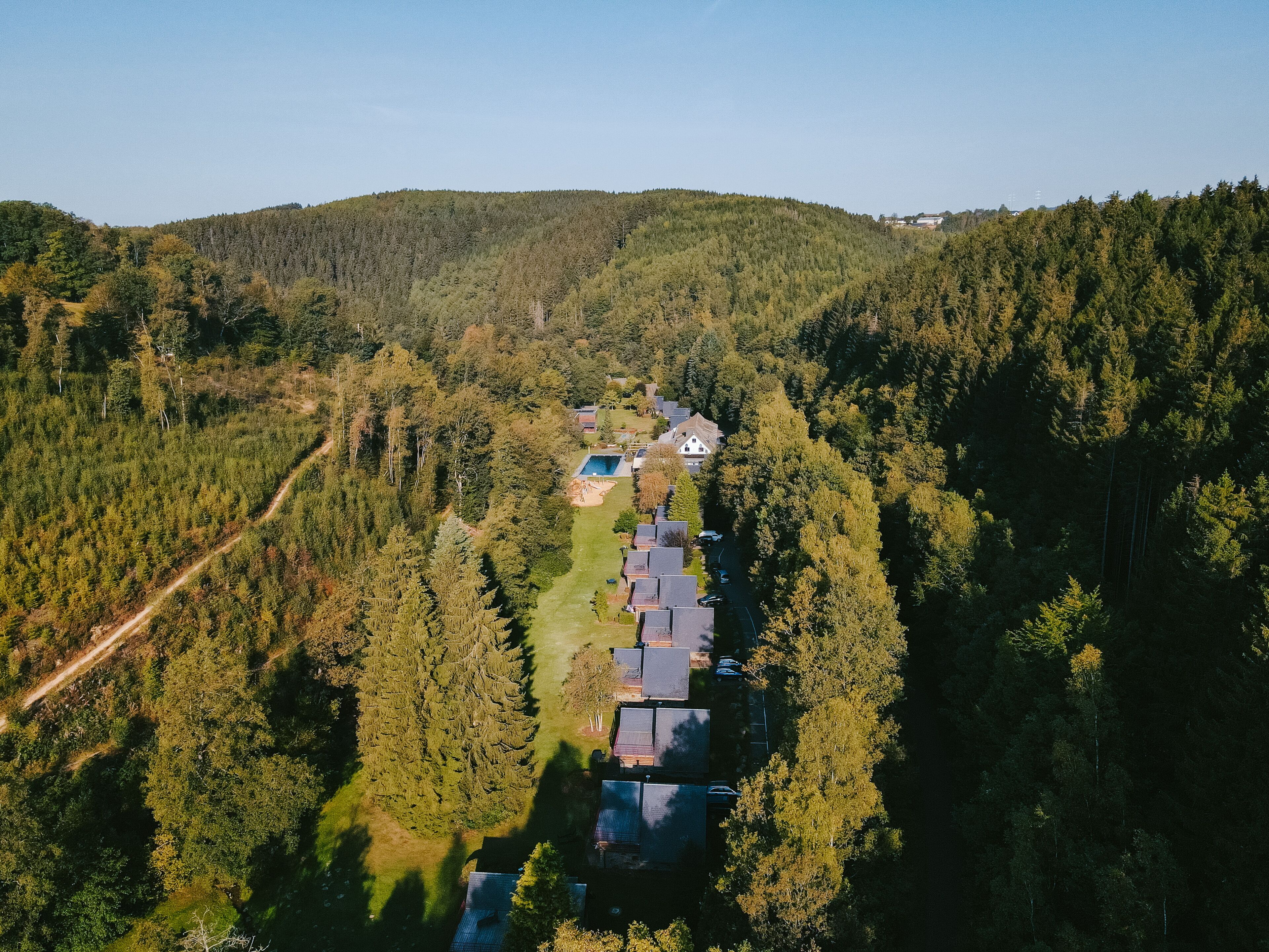 Luchtbeeld van een woongebied met een rij huizen, een zwembad en een beboste heuvel op de achtergrond.