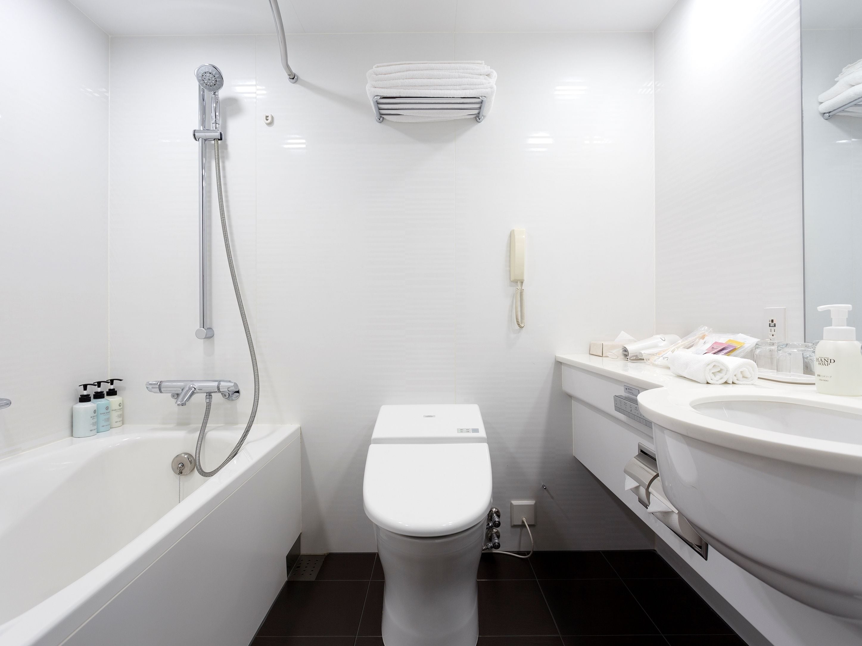 combined shower/bathtub, free toiletries, hair dryer, slippers