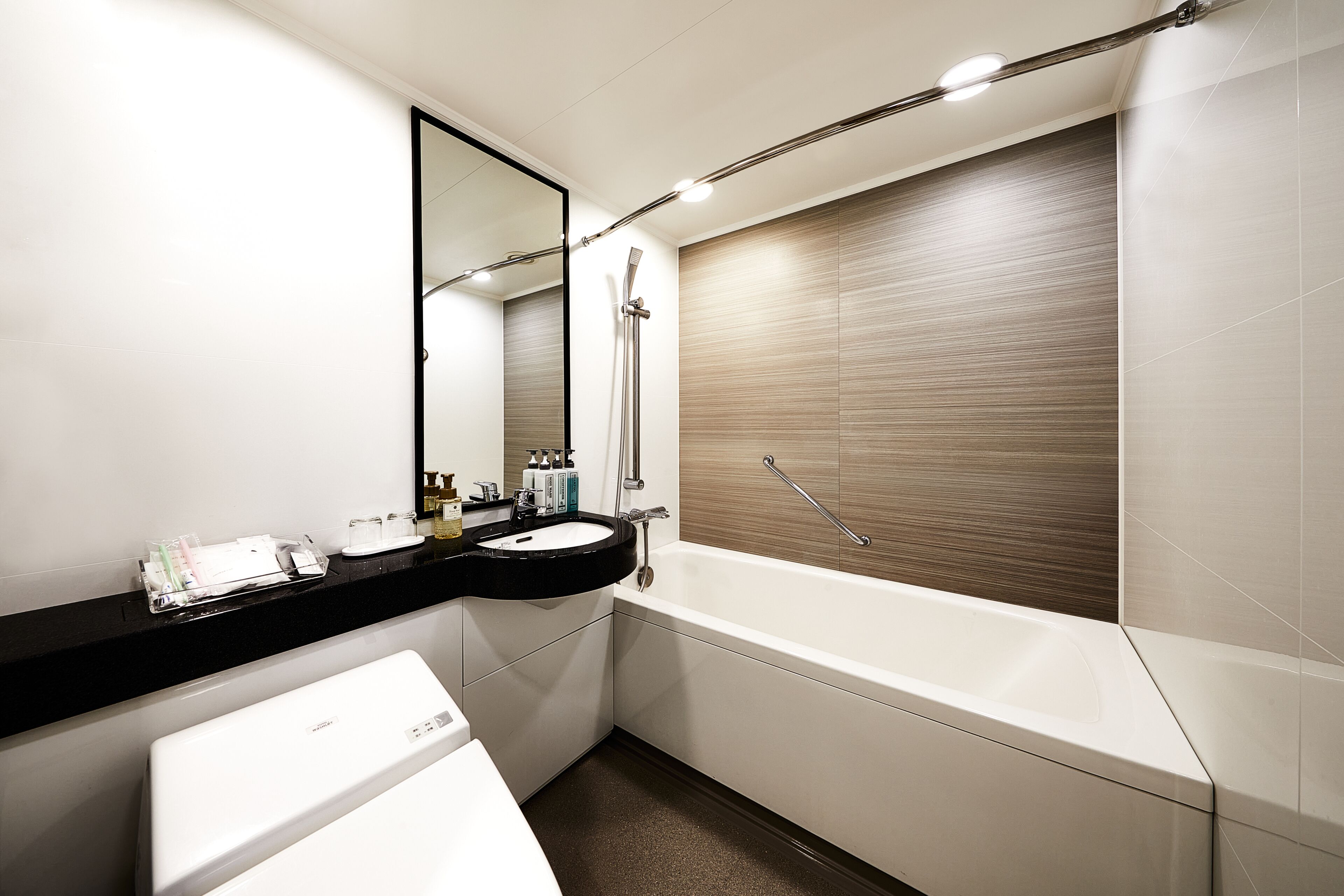 combined shower/bathtub, free toiletries, hair dryer, slippers