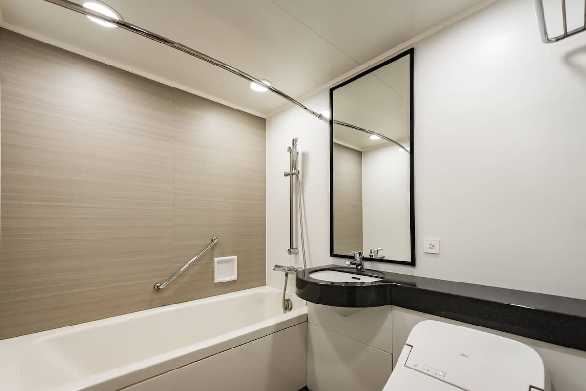 Combined shower/tub, free toiletries, hair dryer, slippers
