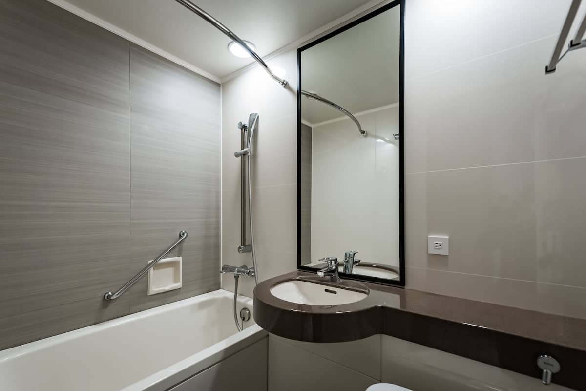 Combined shower/tub, free toiletries, hair dryer, slippers