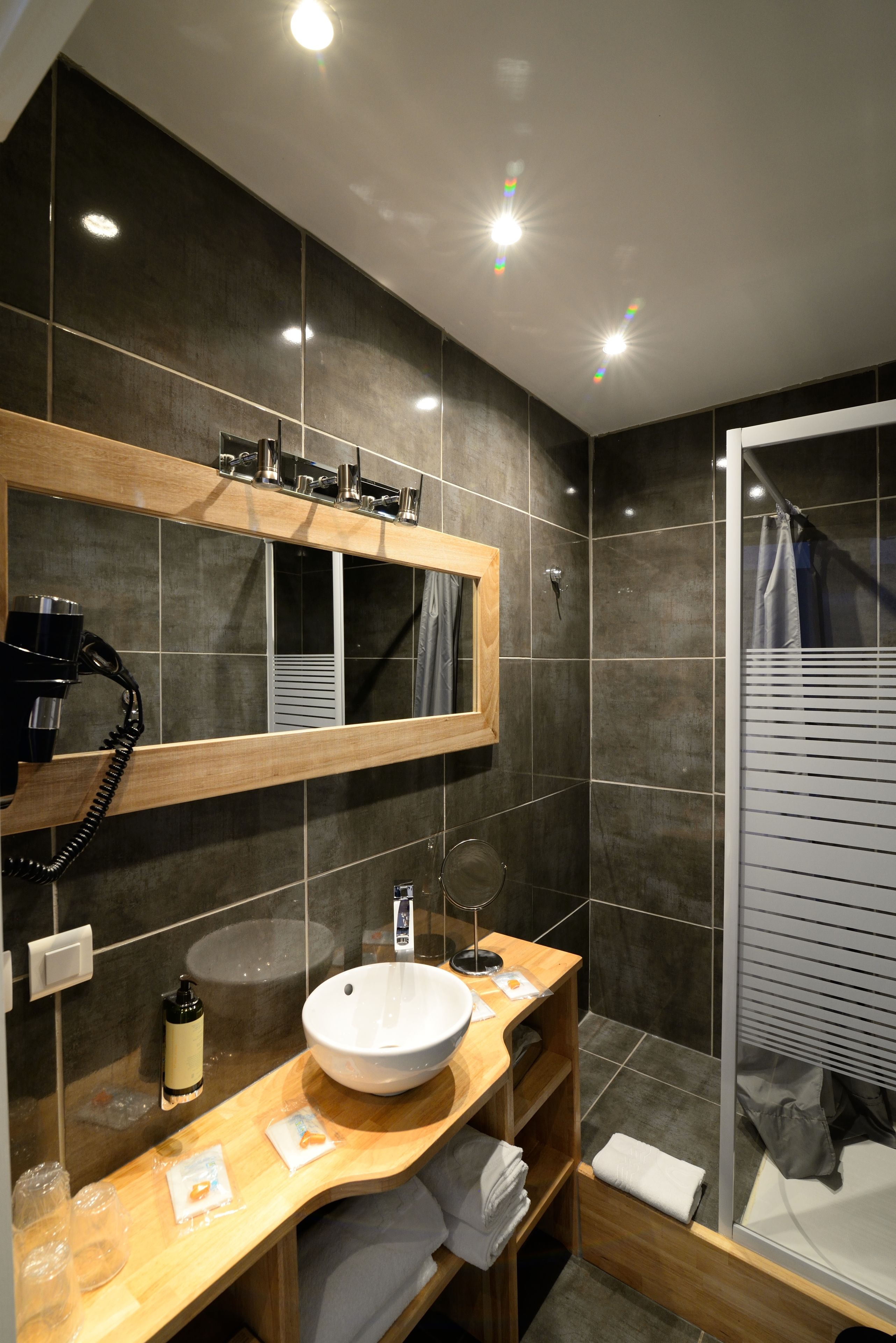 shower, free toiletries, hair dryer, towels