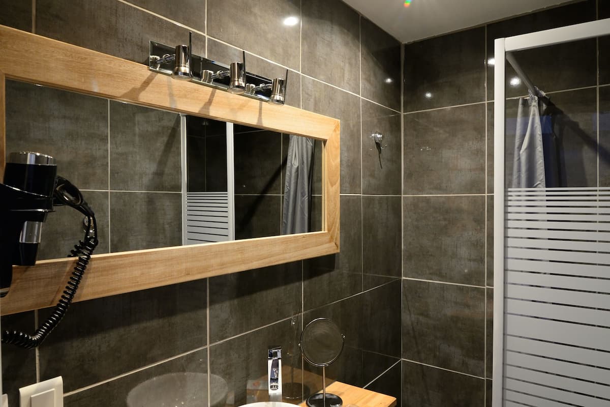 shower, free toiletries, hair dryer, towels