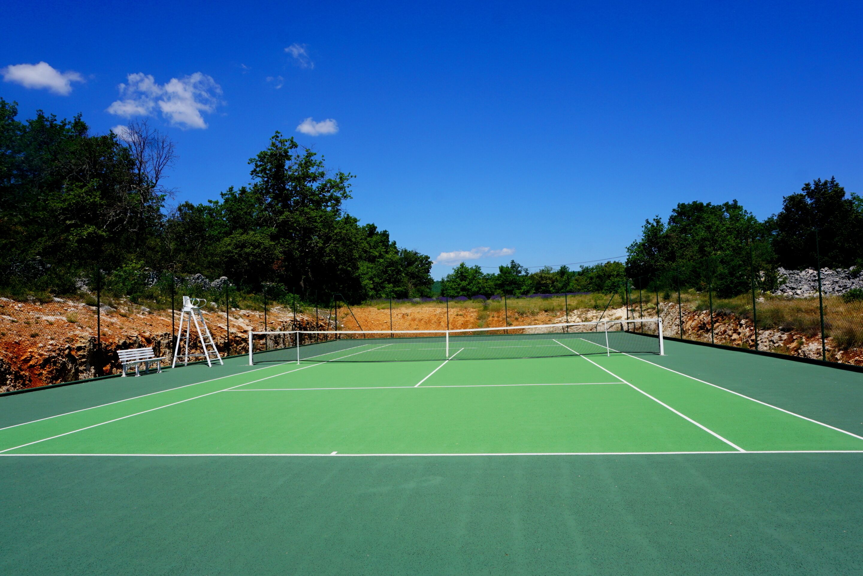A tennis court with a net, benches, and trees in the background.