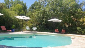 A swimming pool with lounge chairs and umbrellas, surrounded by trees. - La Buisse (Simiane-la-Rotonde)