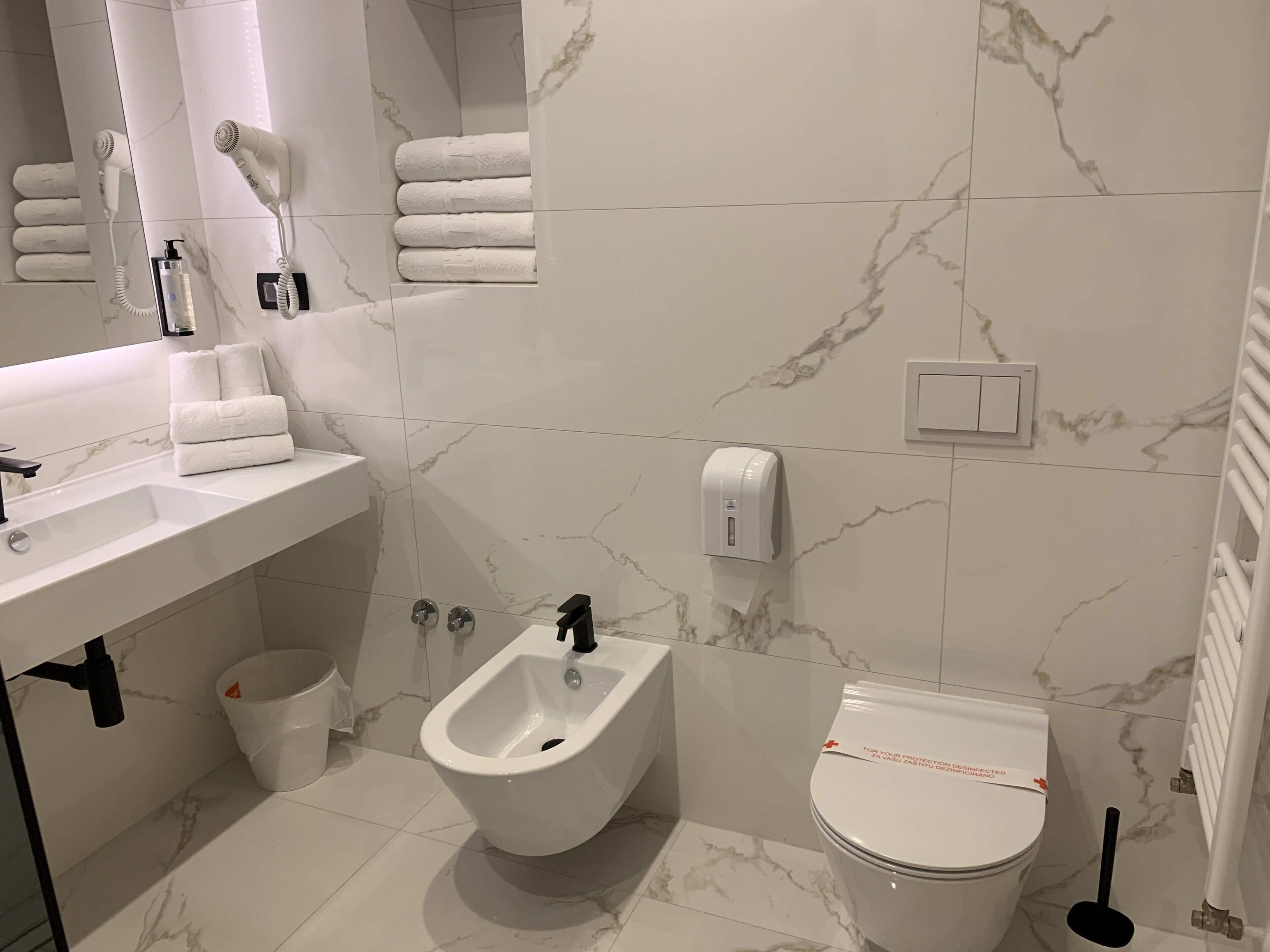 shower, free toiletries, hair dryer, towels