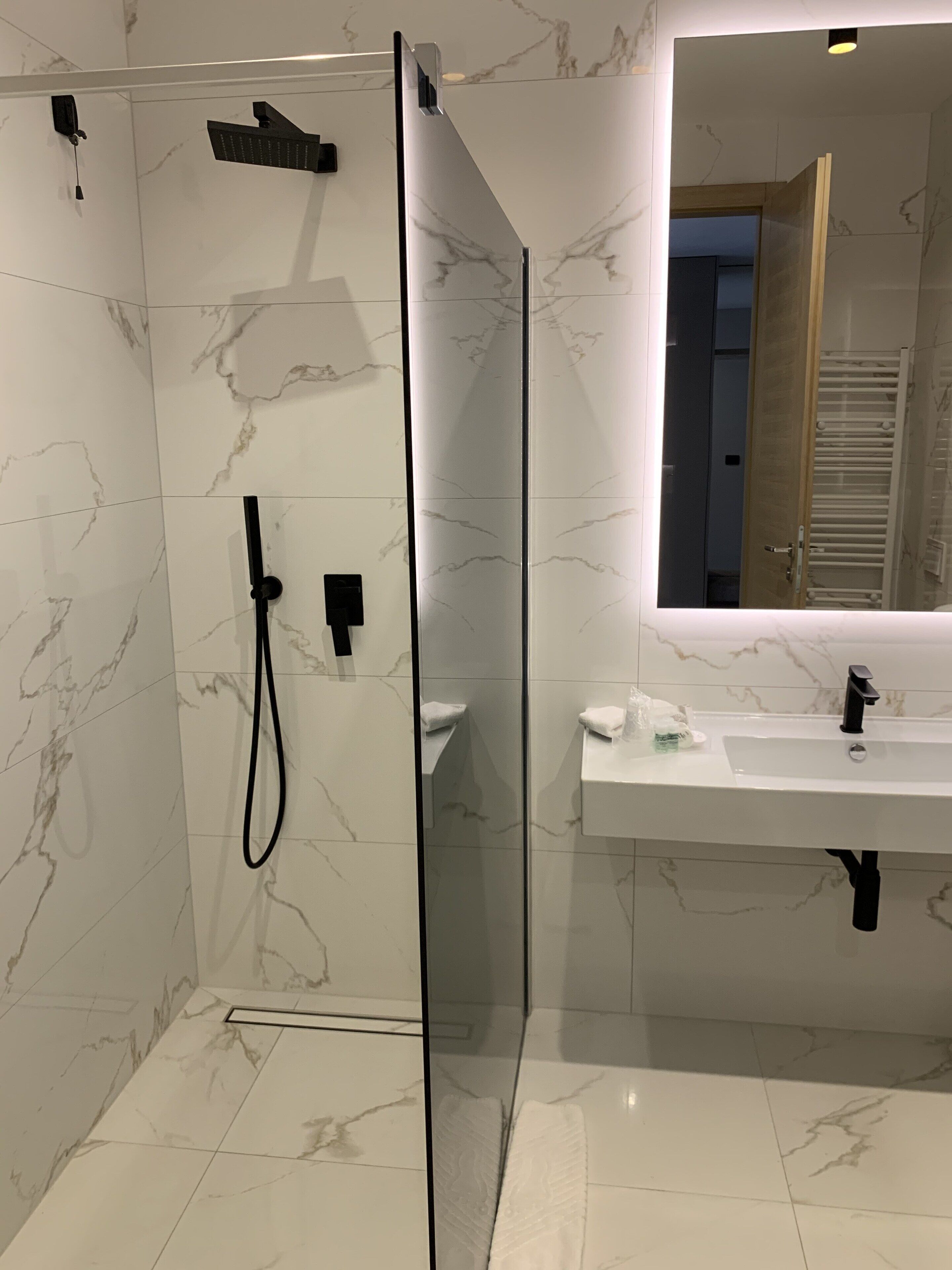 shower, free toiletries, hair dryer, towels