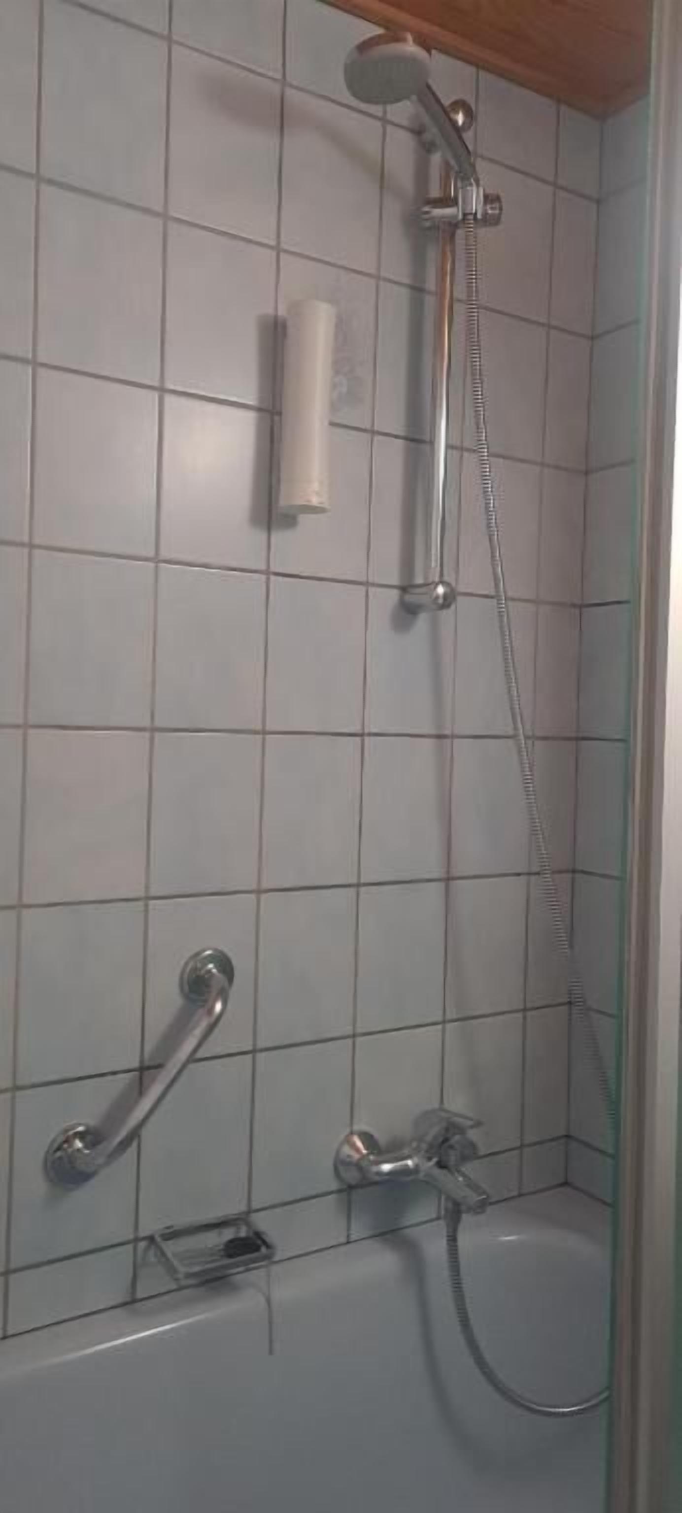 Een badkamer met een douche, een bad en een toilet.