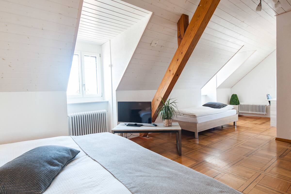 A modern loft bedroom with a sloped ceiling, a large window, a bed, a desk, and a potted plant.