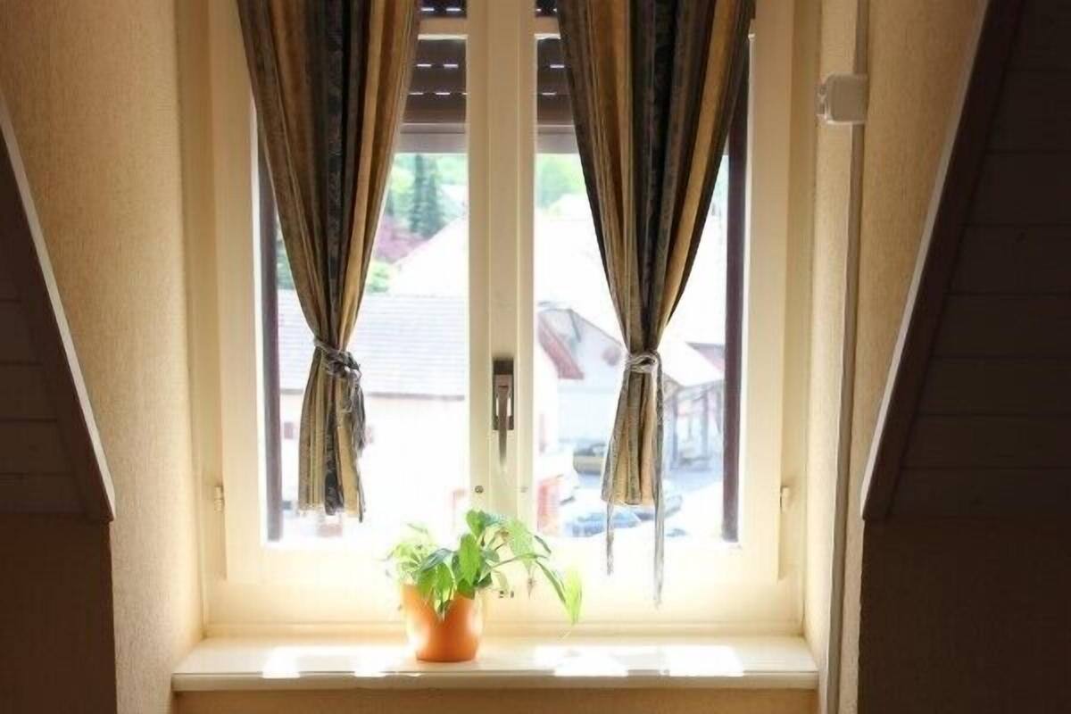 A corner sofa with a window above it, curtains tied back, and a potted plant on the windowsill.