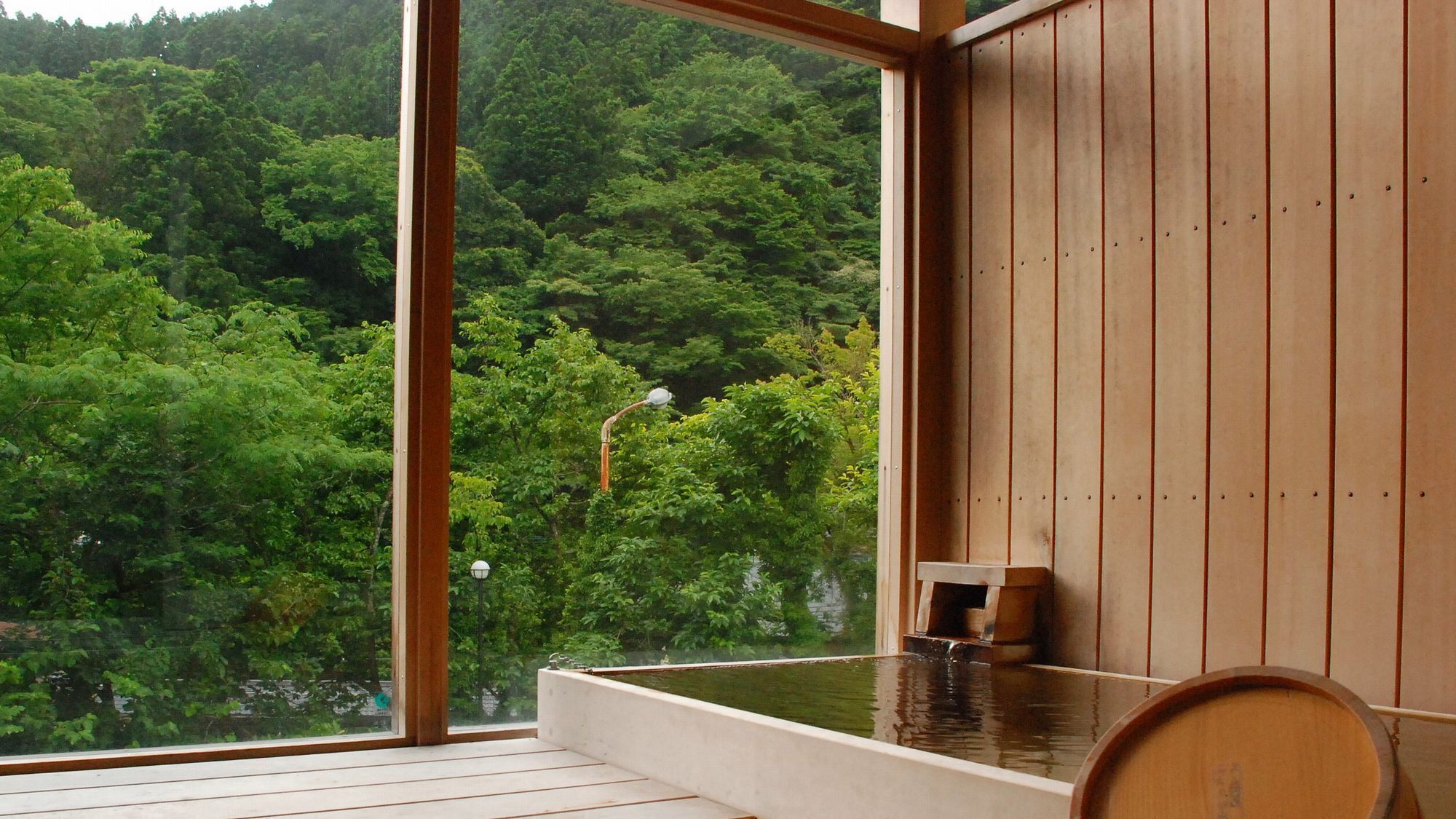 Un interior de madera con vista a un bosque.
