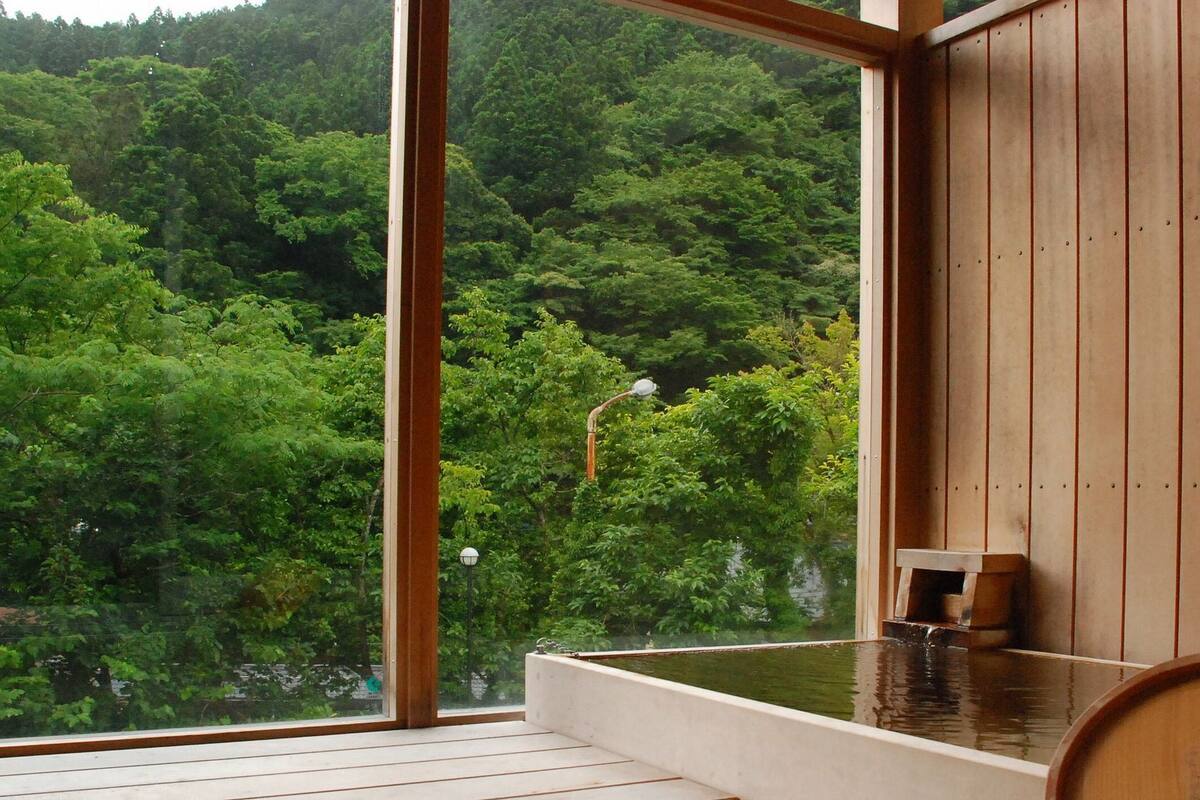 A room with a wooden interior, a large window, and a view of a forest.
