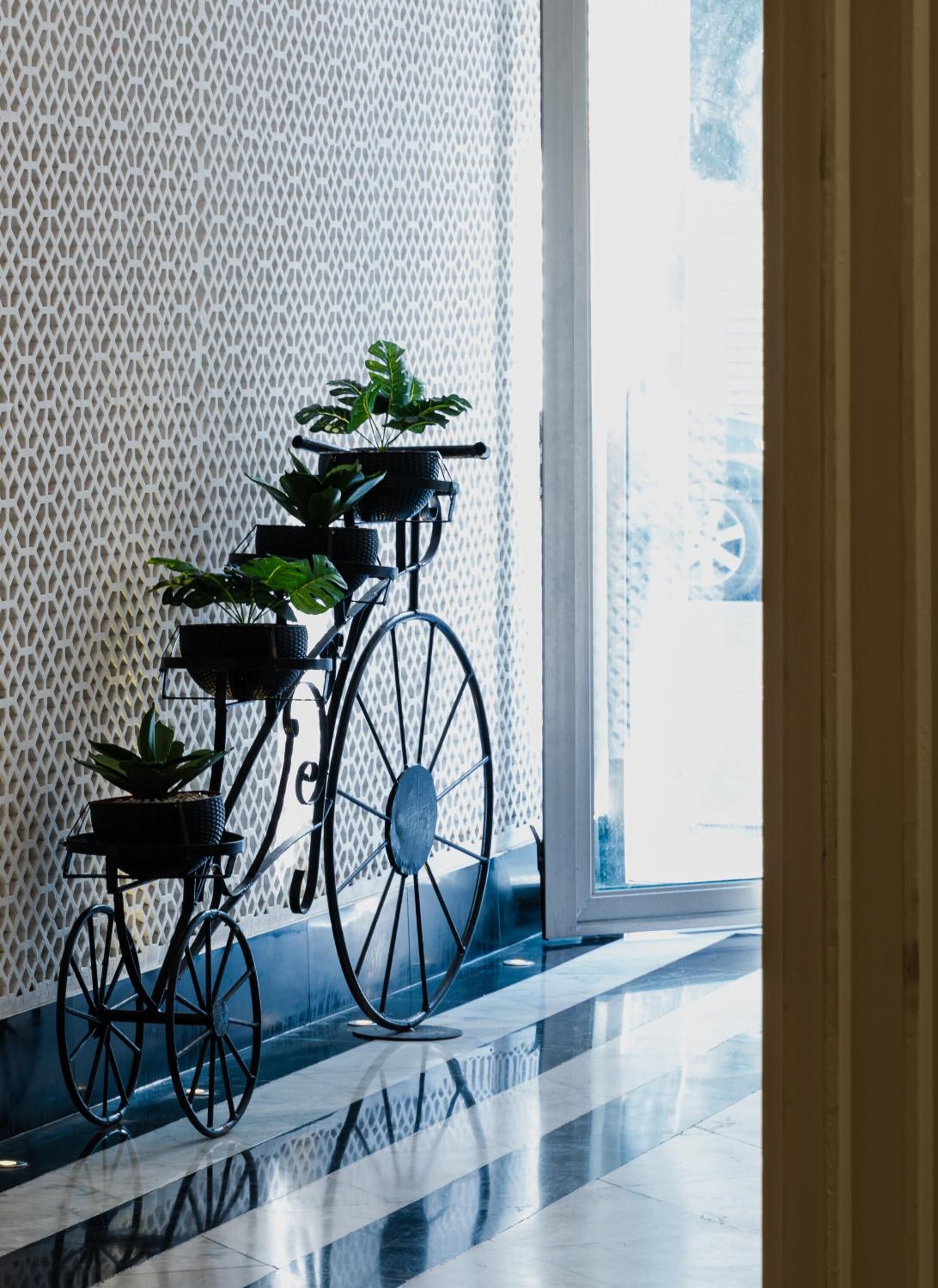 A bicycle with multiple plant pots attached to its frame, positioned against a patterned wall.