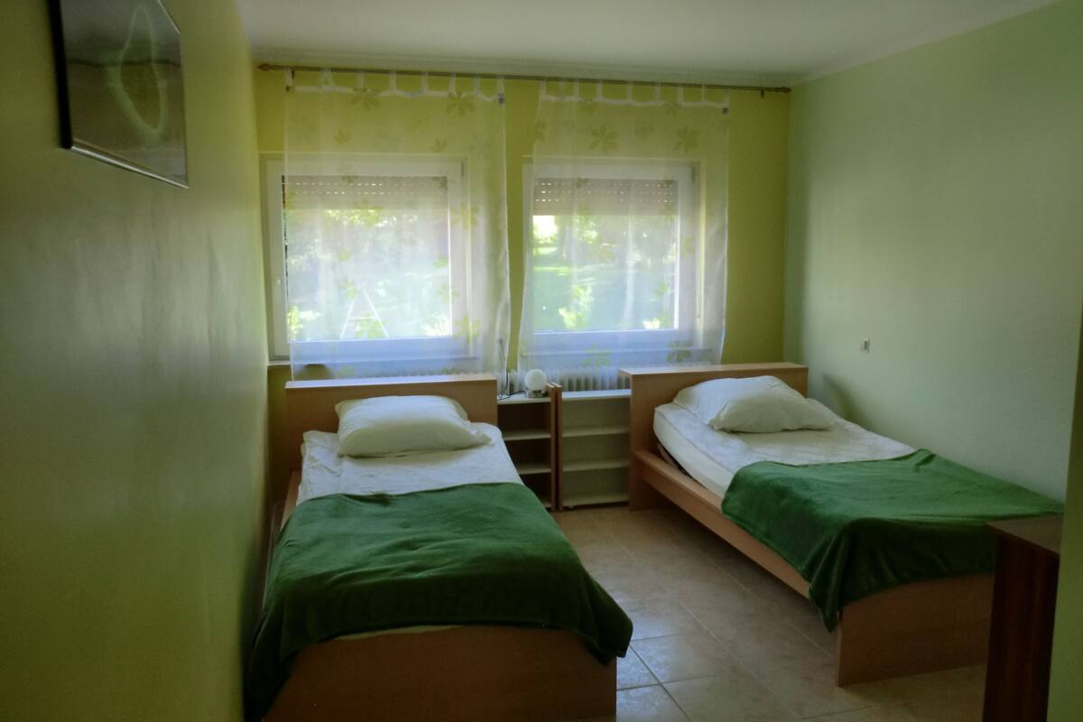 A room with two single beds, each with a green bedspread and white pillows. There are two windows with sheer curtains, and a radiator is visible on the wall.