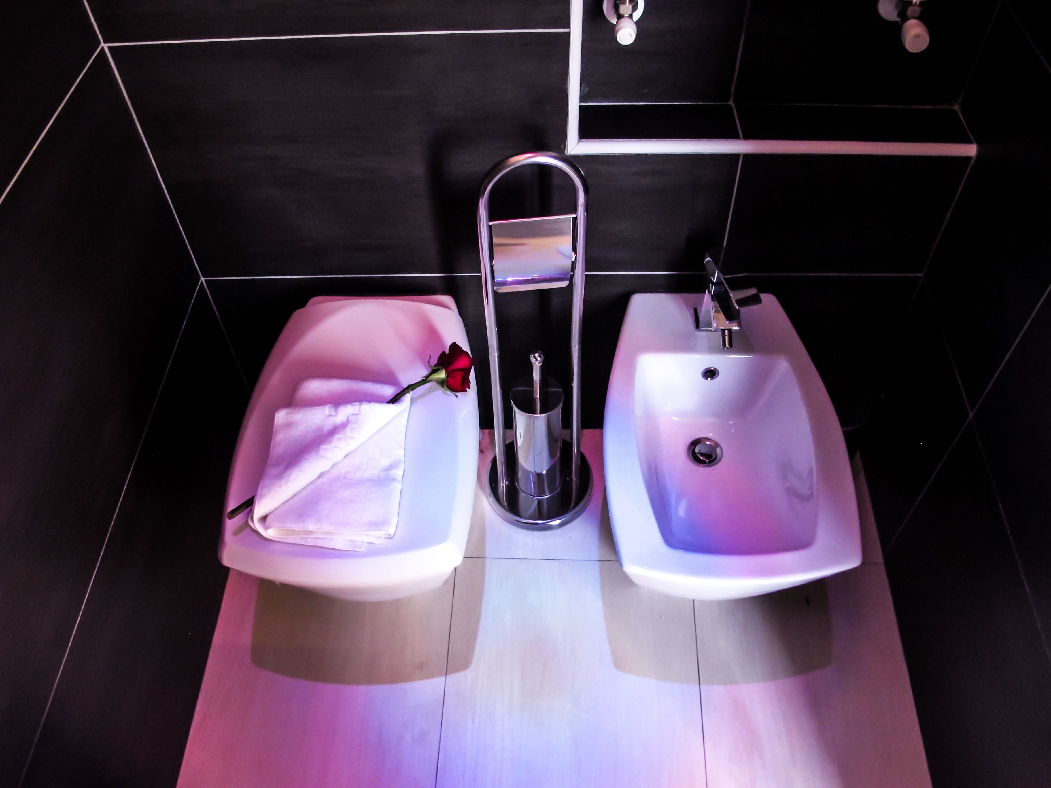 Un baño con dos lavamanos, un perchero para toallas y un espejo.