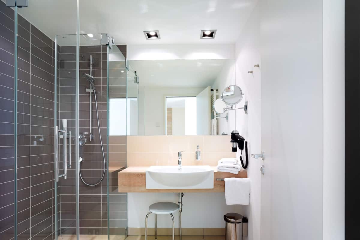 premium double room, lake view | bathroom | shower, free toiletries, hair dryer, towels