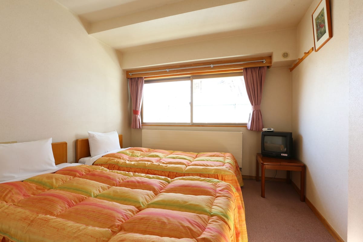 A hotel room with a large bed, a television on a small table, and a window with curtains.